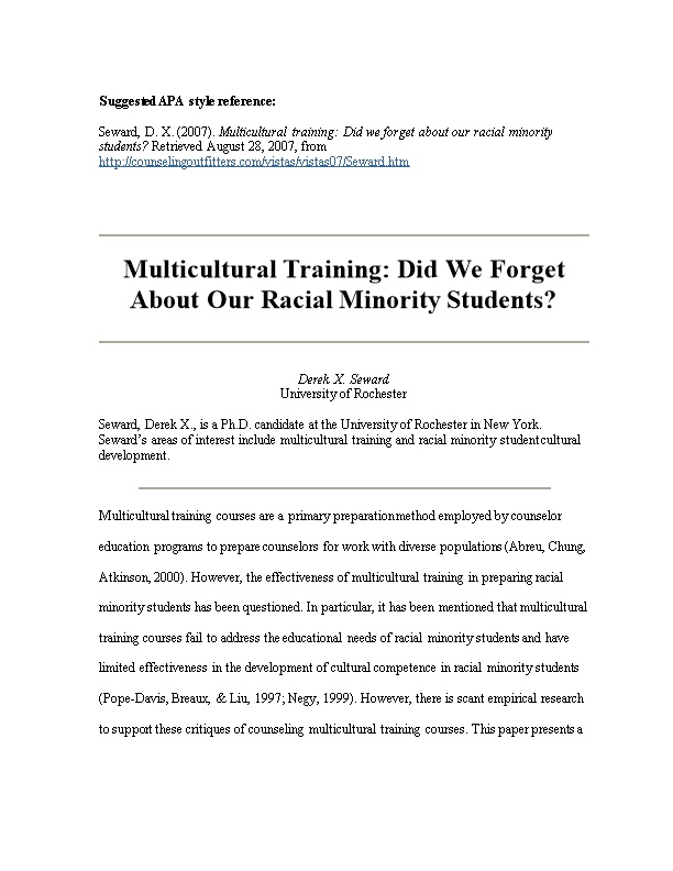 Multicultural Training: Did We Forget About Our Racial Minority Students?
