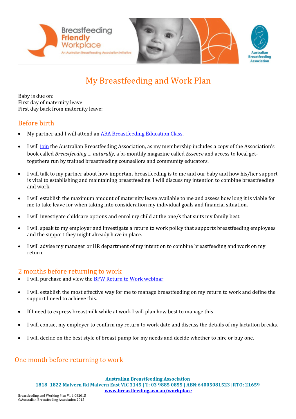 My Breastfeeding and Work Plan