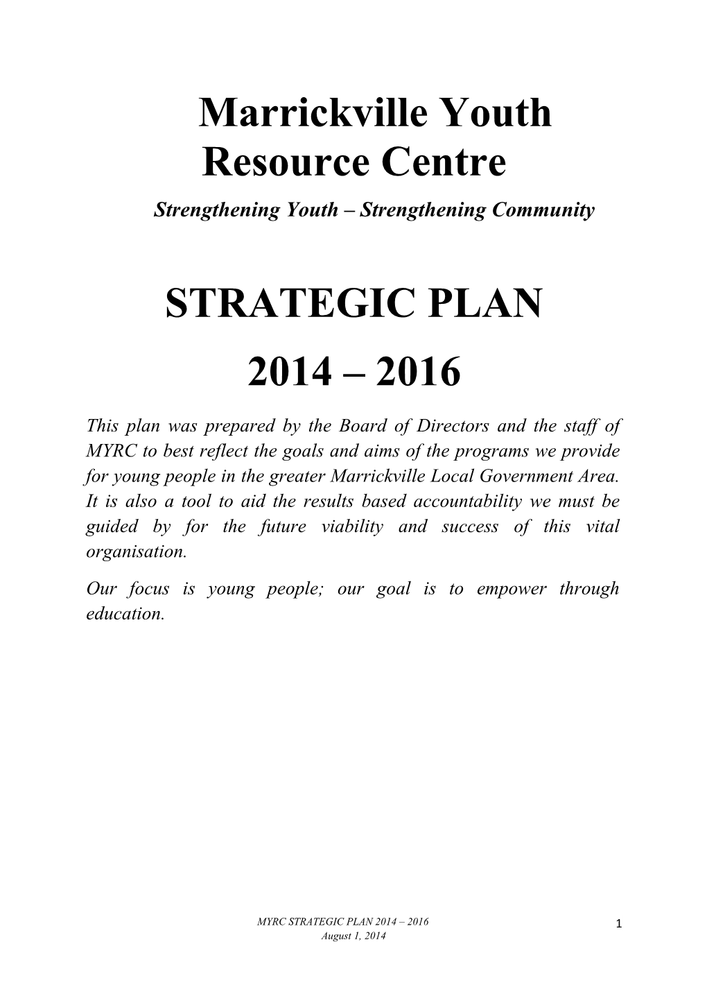 Myrc Strategic Plan 2014 2016