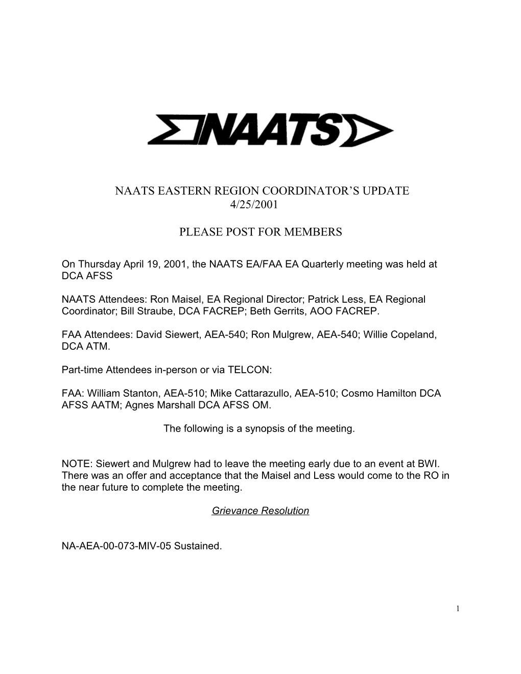 Naats Eastern Region Coordinator Members Update