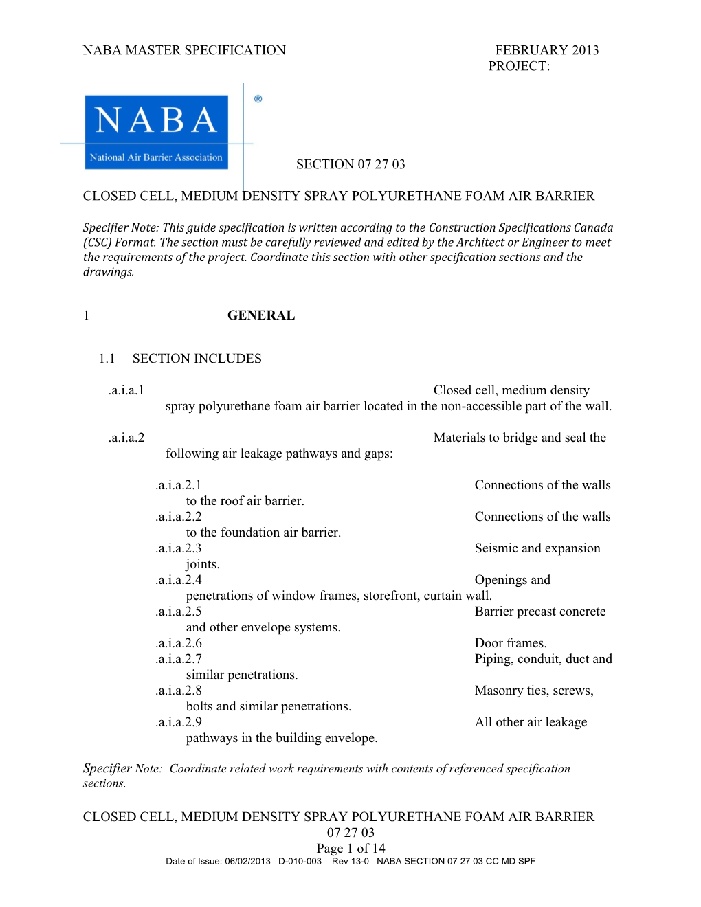 Naba Master Specification February 2013