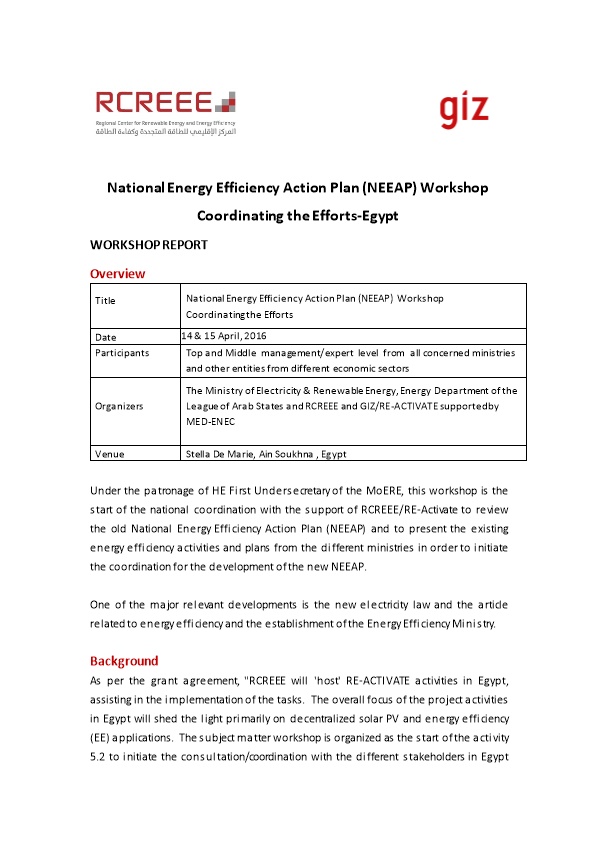 National Energy Efficiency Action Plan (NEEAP) Workshop