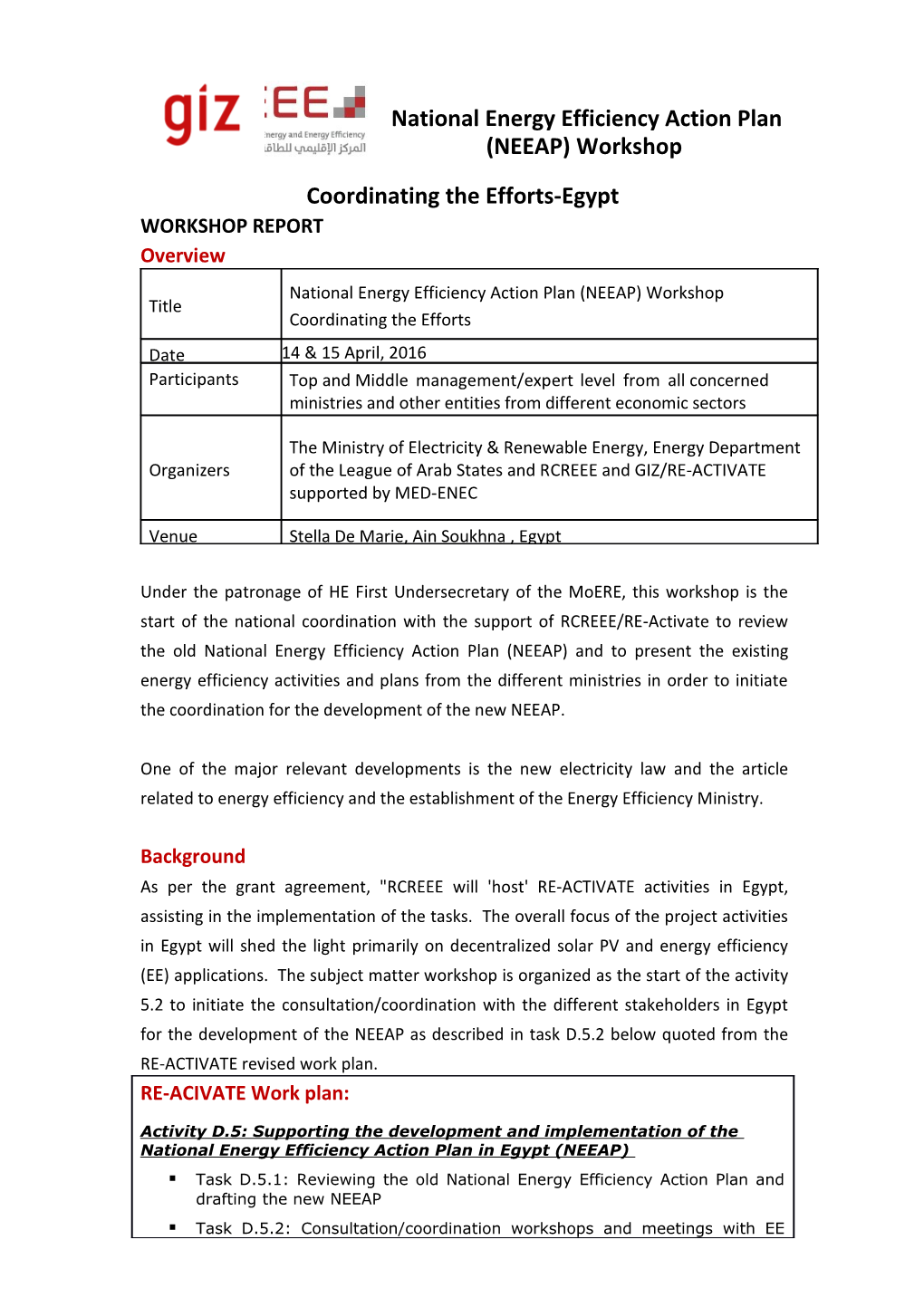 National Energy Efficiency Action Plan (NEEAP) Workshop