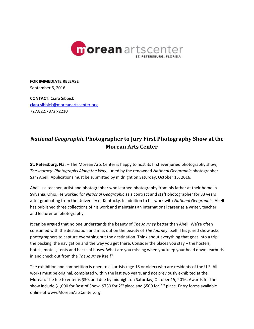 National Geographic Photographer to Jury First Photography Show at the Morean Arts Center