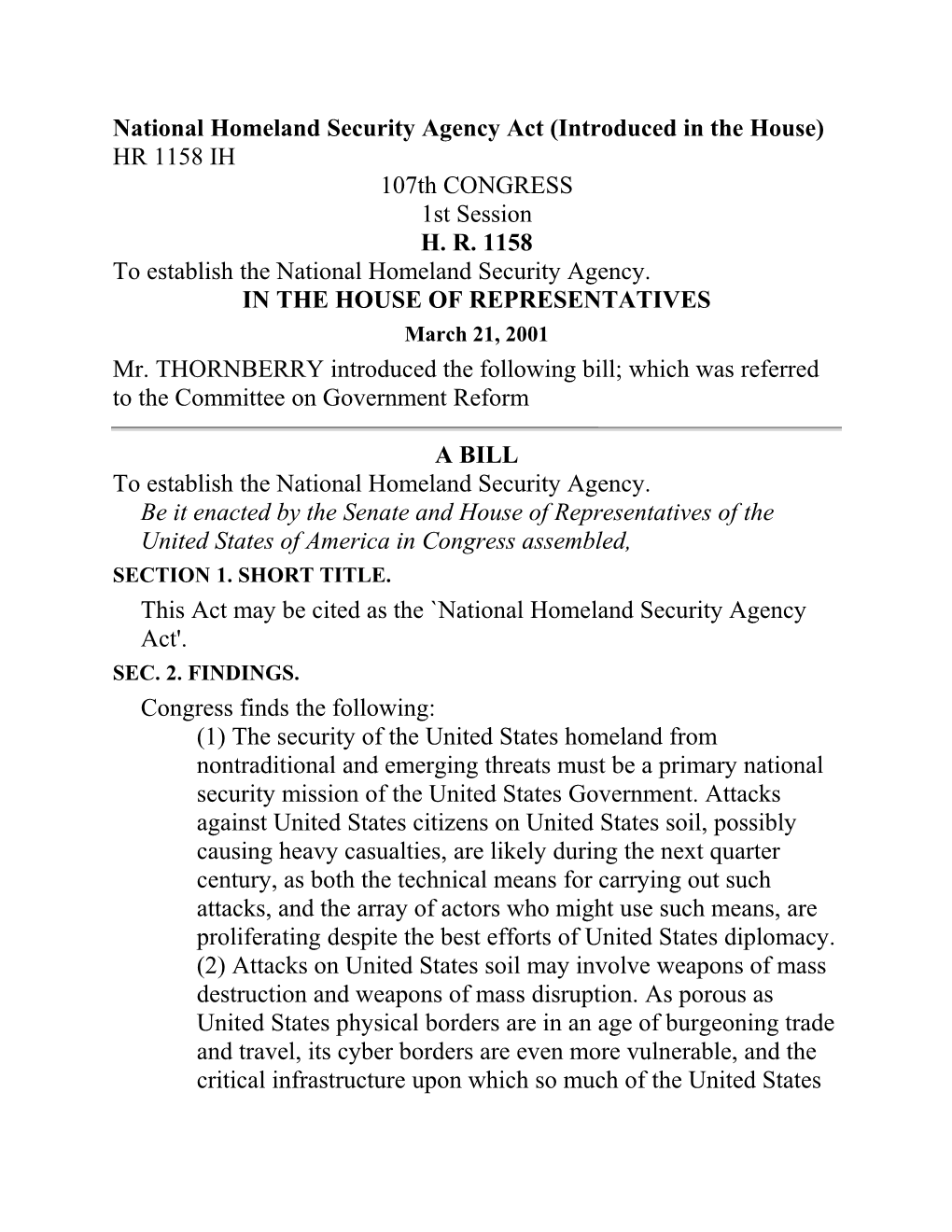National Homeland Security Agency Act (Introduced in the House)