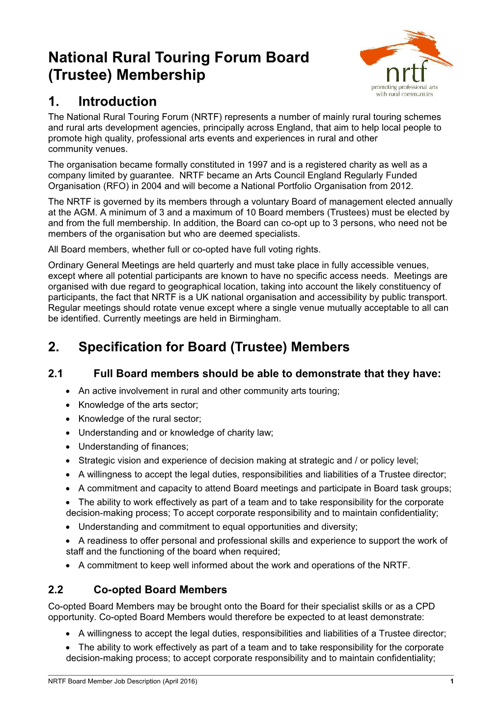 National Rural Touring Forum Board(Trustee) Membership