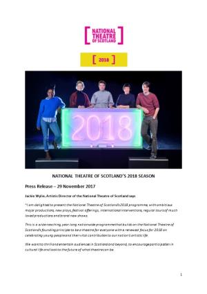 National Theatre of Scotland S 2018 Season
