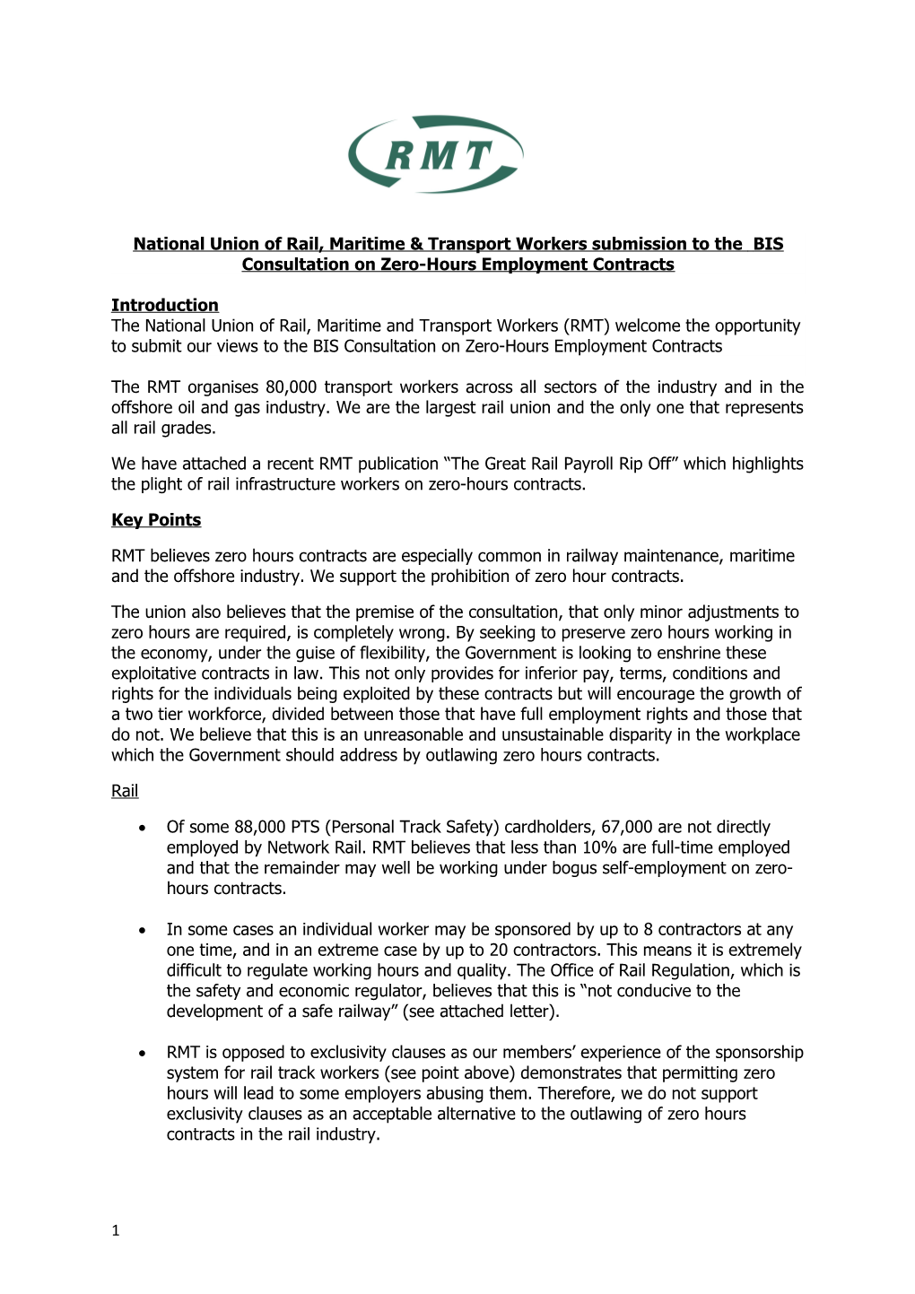 National Union of Rail, Maritime & Transport Workers Submission to the BIS Consultationon