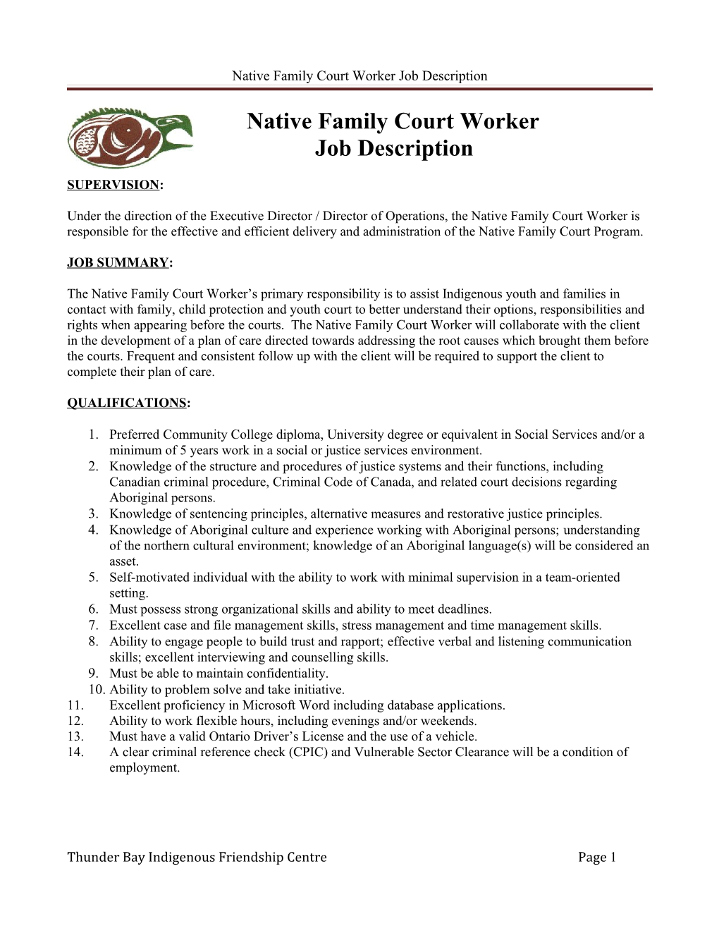 Native Family Court Worker Job Description