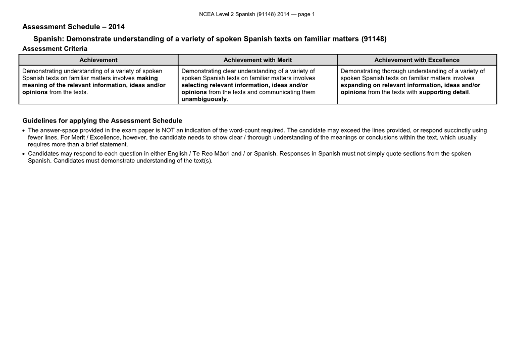 NCEA Level 2 Spanish (91148) 2014 Assessment Schedule