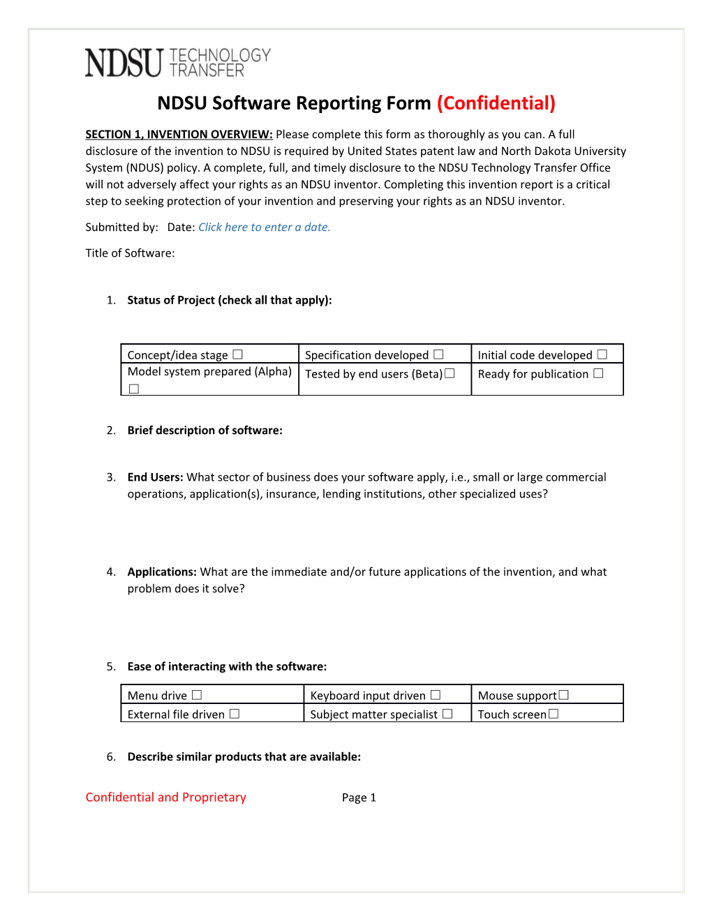 NDSU Software Reporting Form(Confidential)