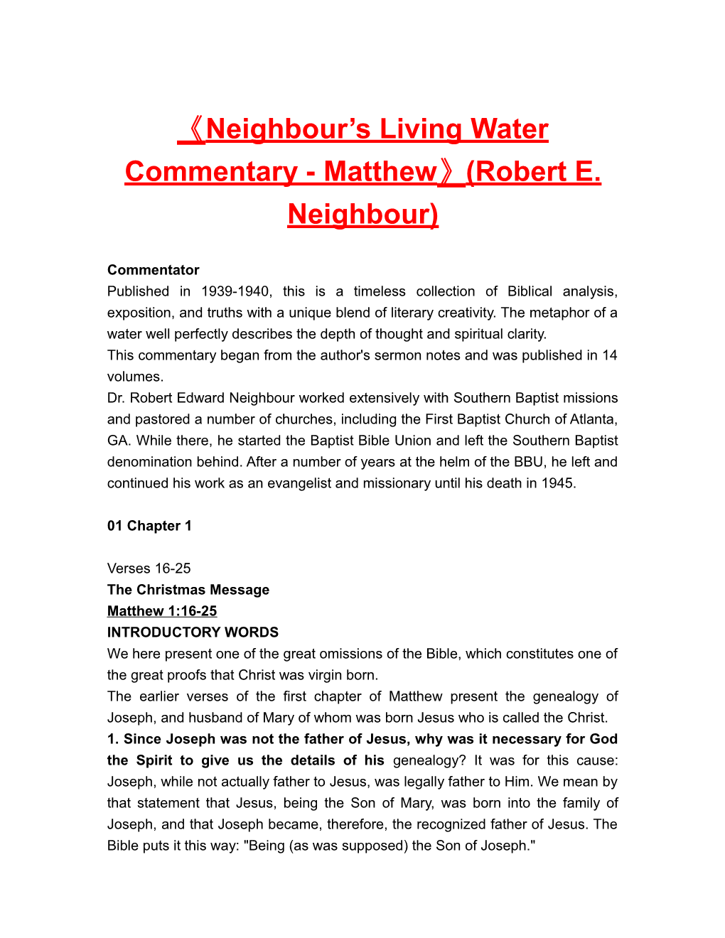 Neighbour S Living Water Commentary - Matthew (Robert E. Neighbour)