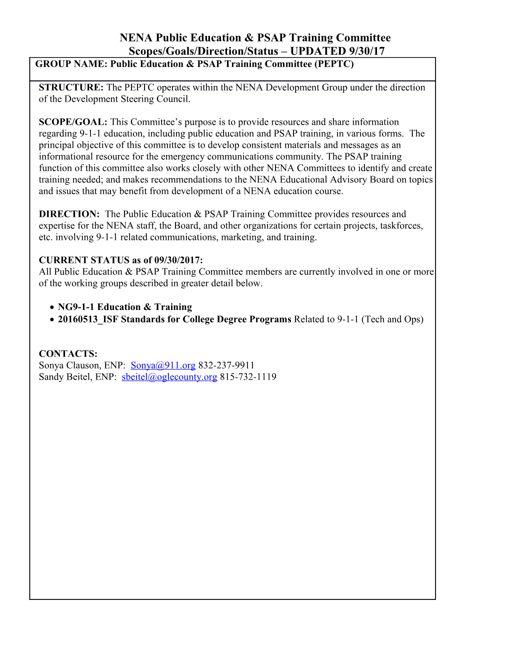 NENA Public Education & PSAP Training Committee Scopes/Goals/Direction/Status UPDATED 9/30/17