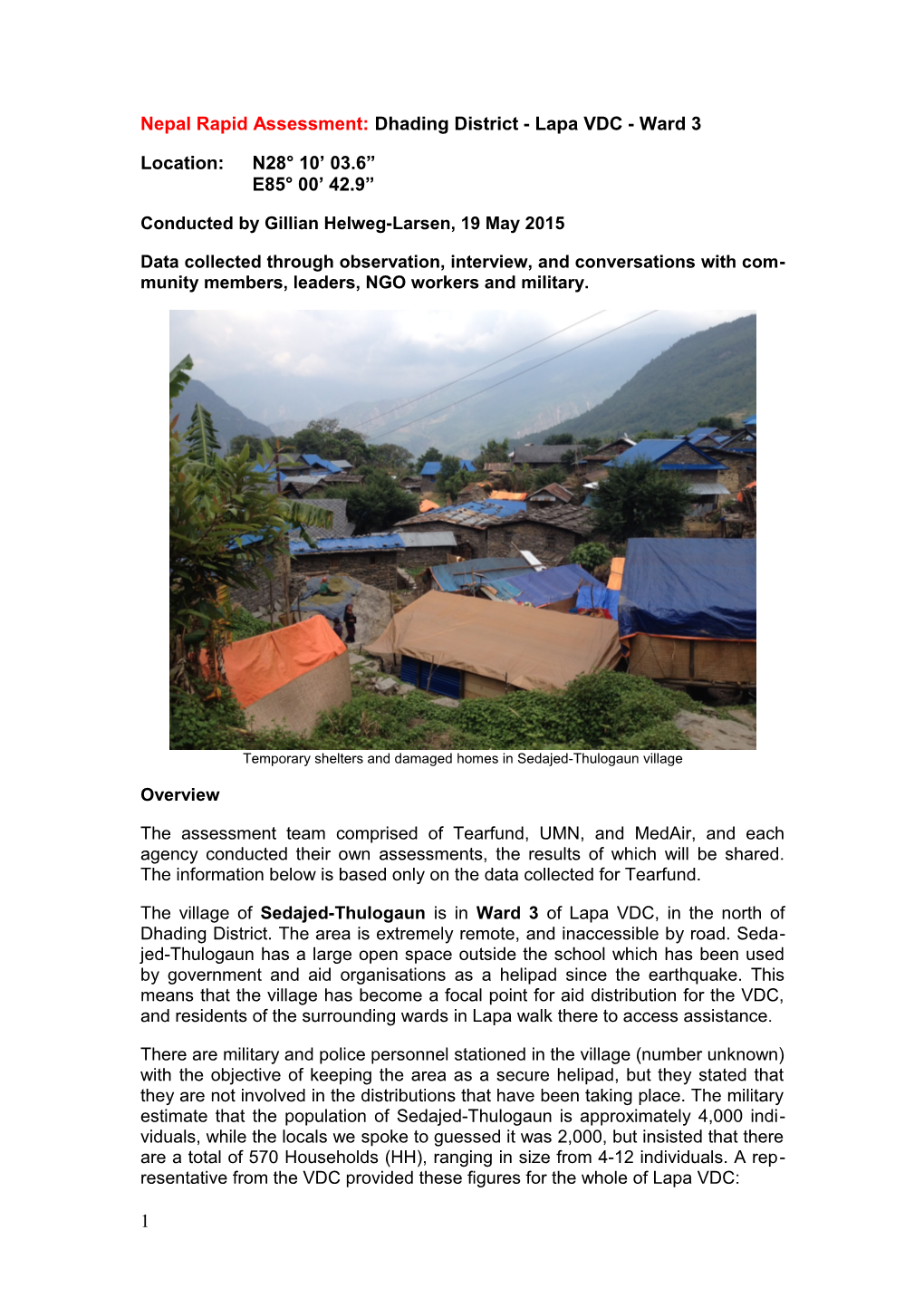 Nepal Rapid Assessment: Dhading District - Lapa VDC - Ward 3