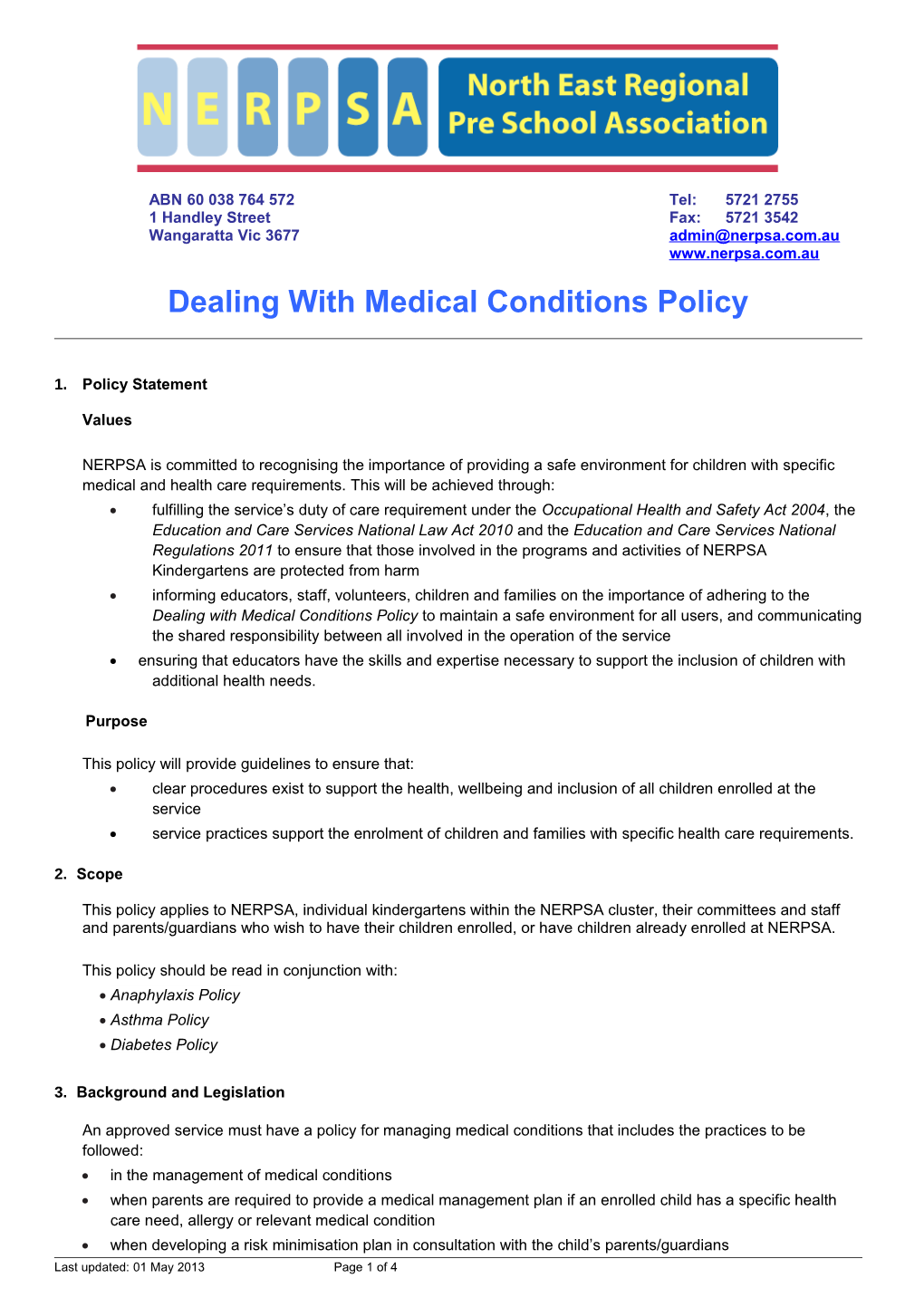 NERPSA Dealing with Medical Conditions Policy