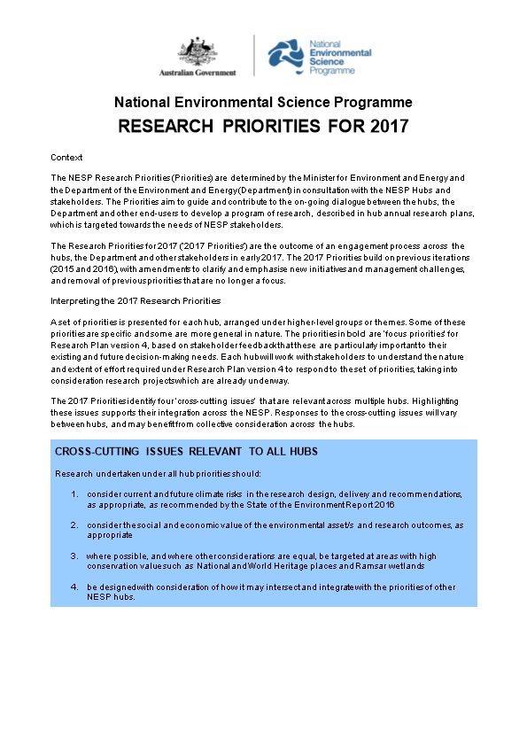 NESP Research Priorities 2017