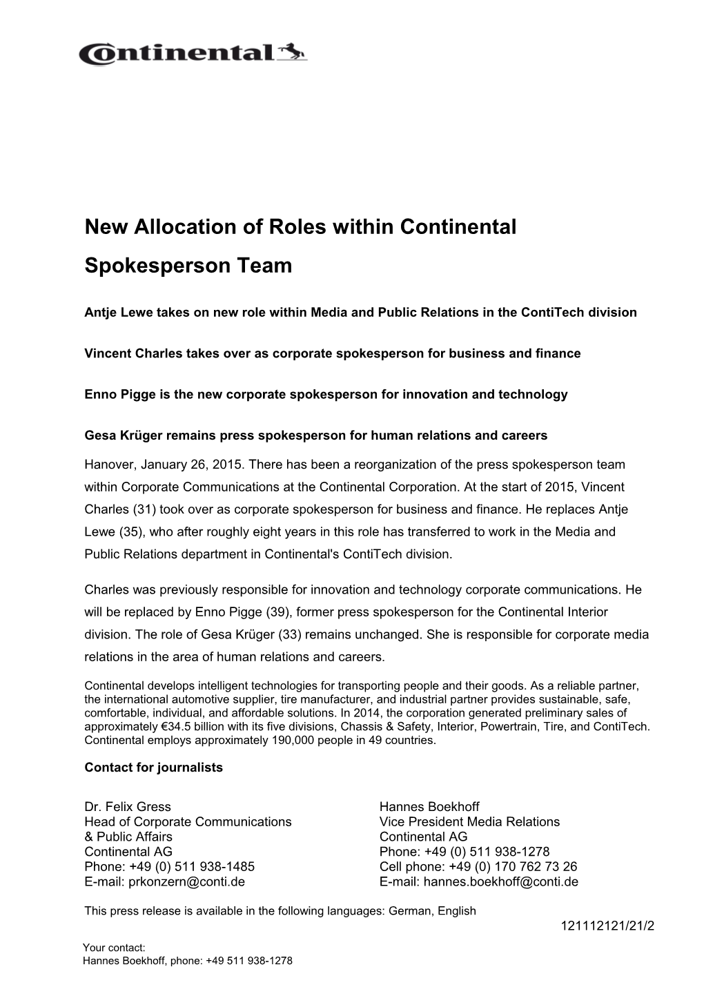 New Allocation of Roles Within Continental Spokesperson Team