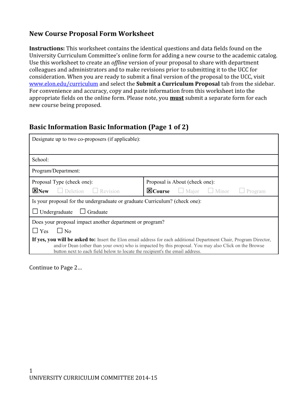 New Course Proposal Form Worksheet