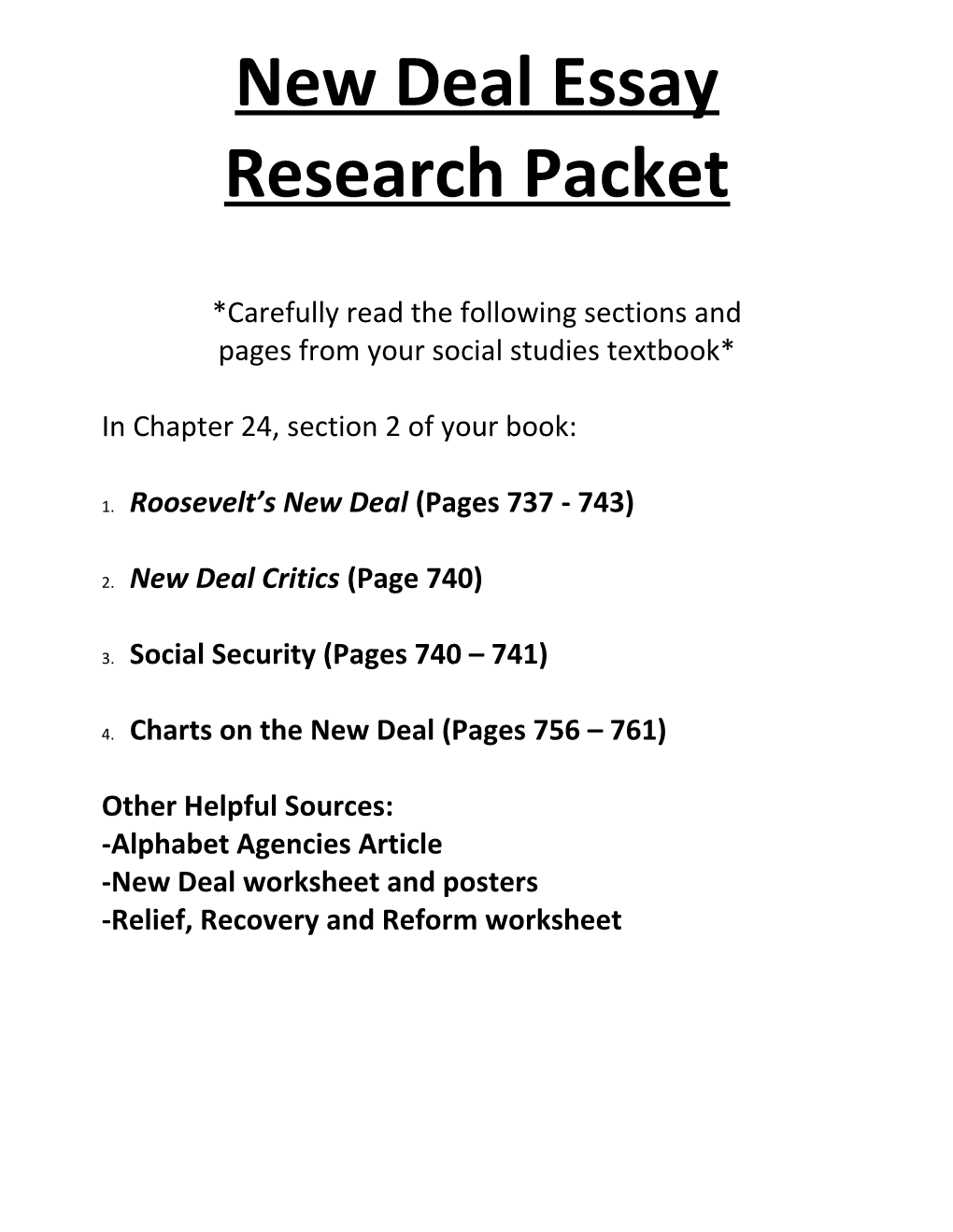 New Deal Essay Research Packet