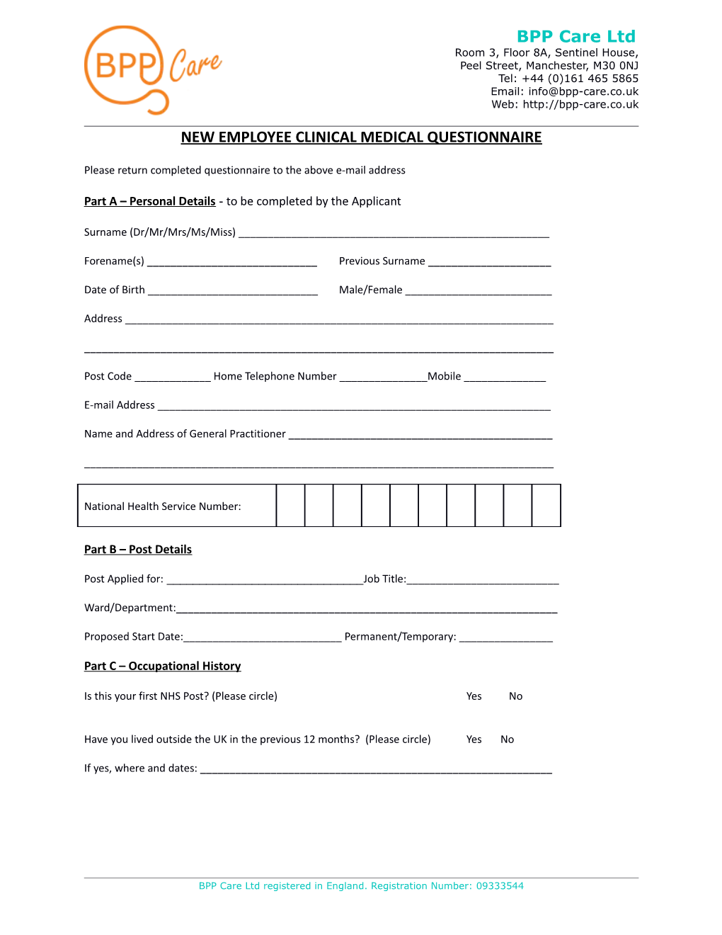 New Employee Clinical Medical Questionnaire