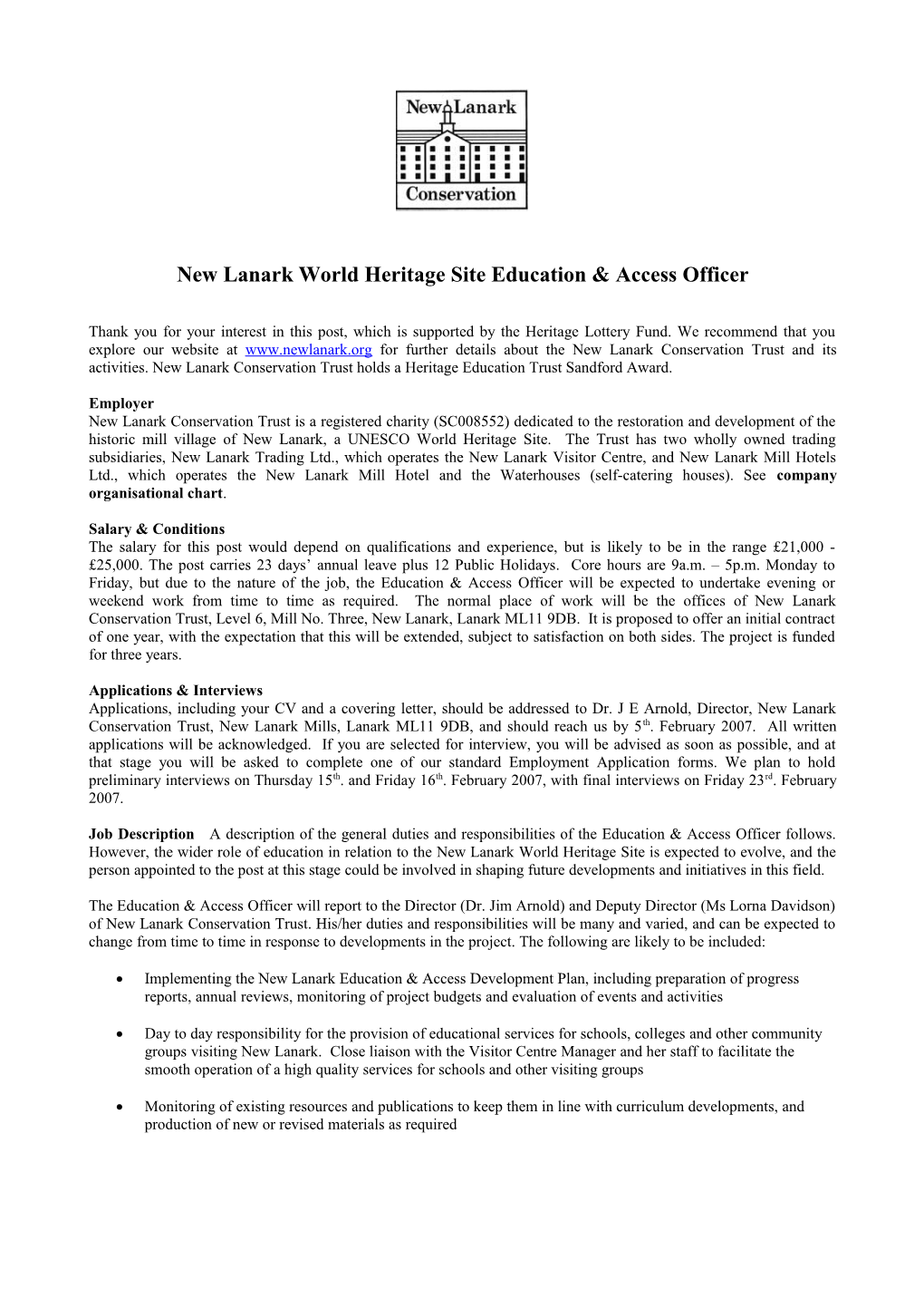 New Lanark World Heritage Site Education & Access Officer