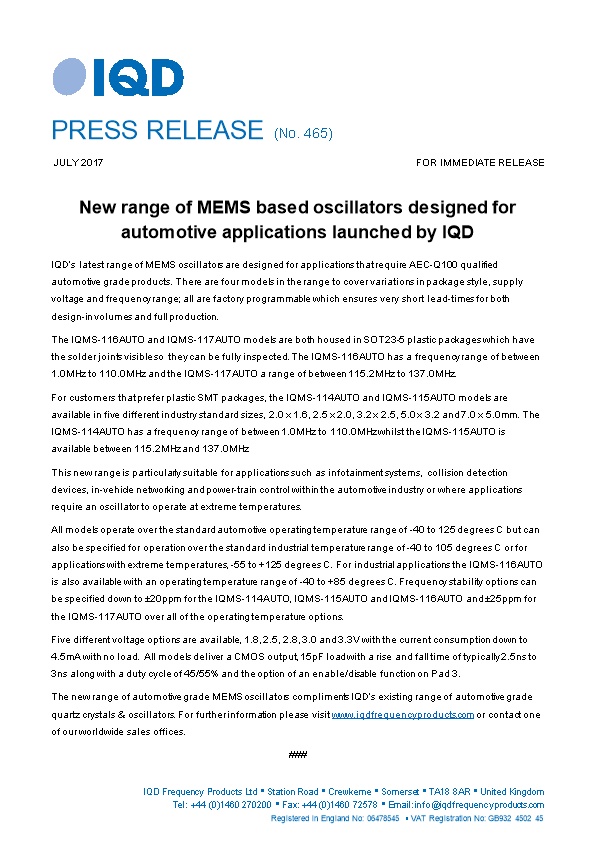 New Range of MEMS Based Oscillators Designed for Automotive Applications Launched by IQD