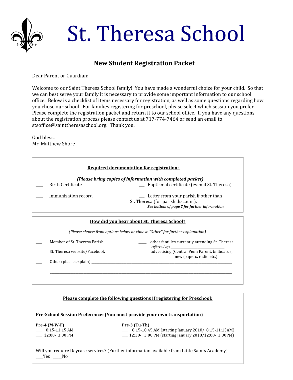 New Student Registration Packet