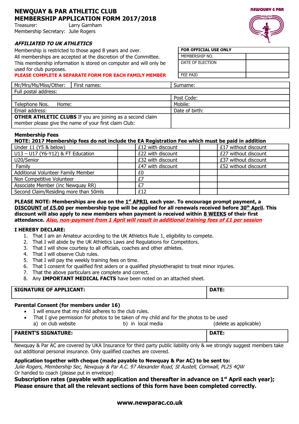 Newquay & Par Athletic Club Membership Application Form 2010/2011