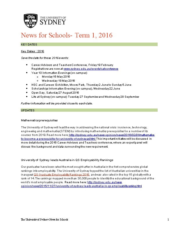 News for Schools- Term 1, 2016