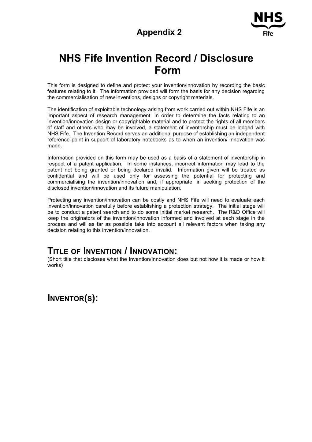 NHS Fife Invention Record / Disclosure Form