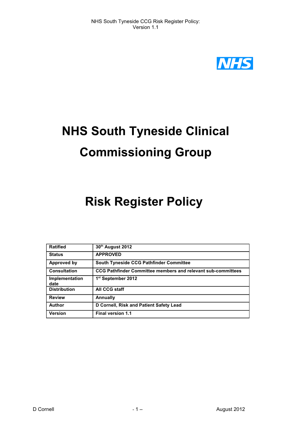 NHS South Tyneside CCG Risk Register Policy