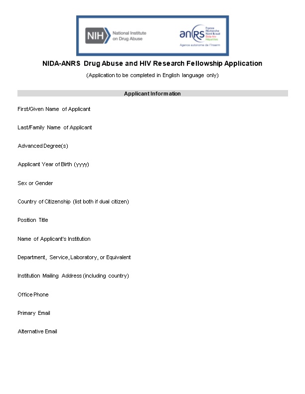 NIDA-ANRS Drug Abuse and HIV Research Fellowship Application