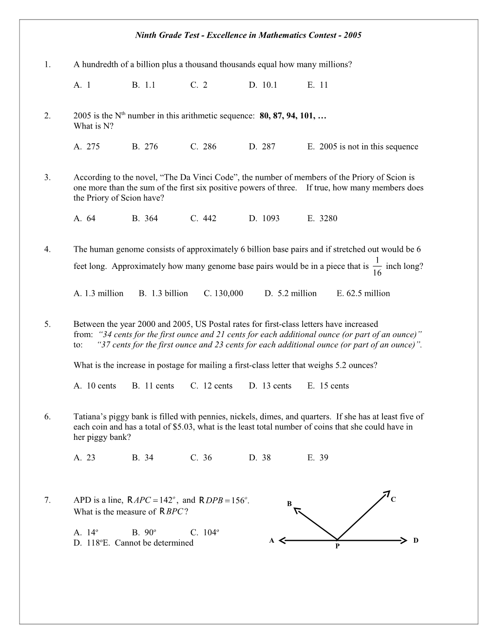 Ninth Grade Test - Excellence in Mathematics Contest - 2005