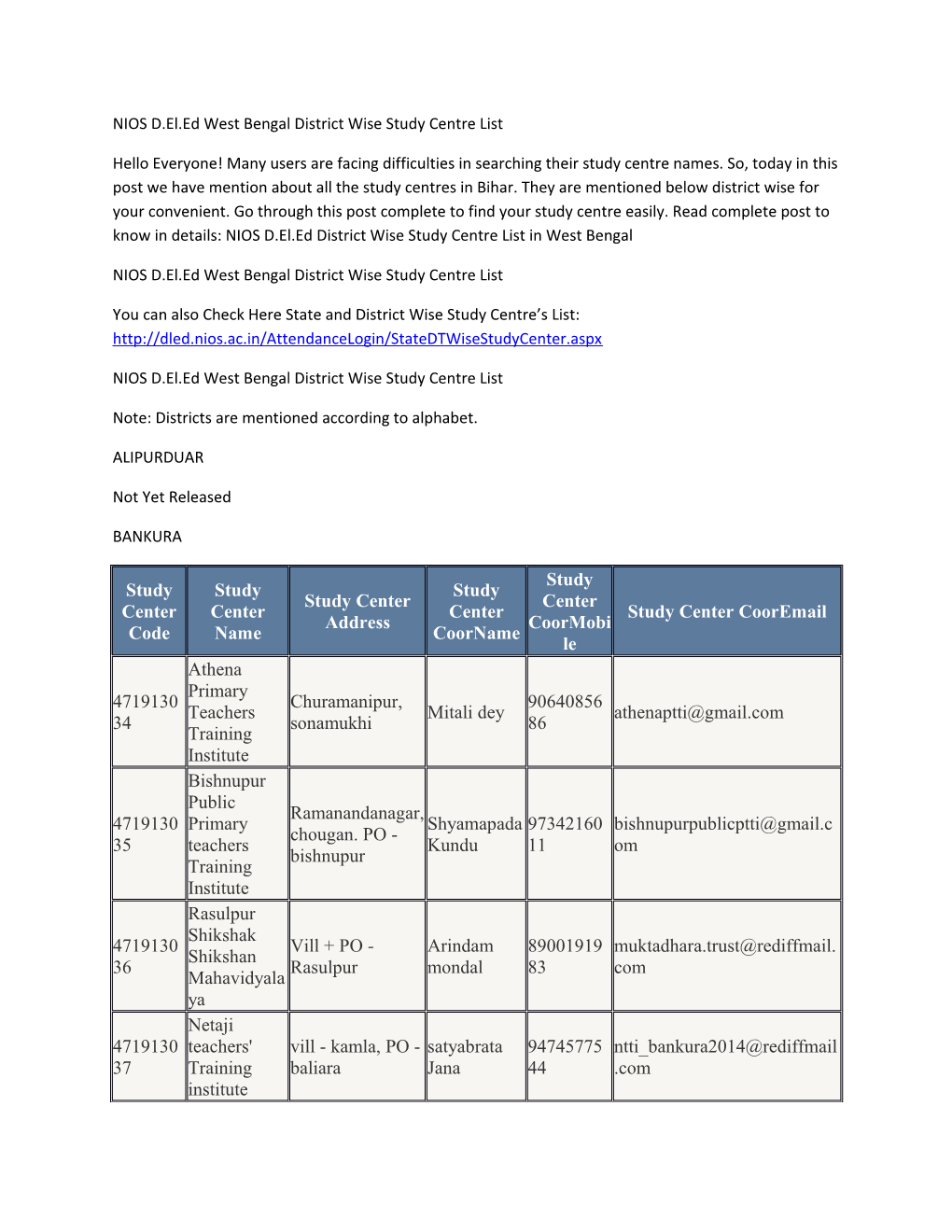 NIOS D.El.Ed West Bengal District Wise Study Centre List