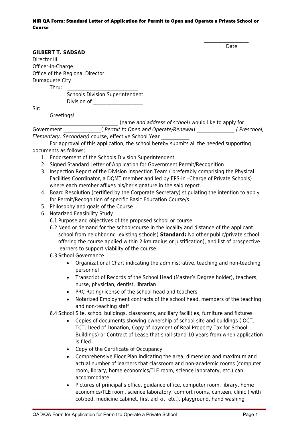 NIR QA Form: Standard Letter of Application for Permit to Open and Operate a Private School