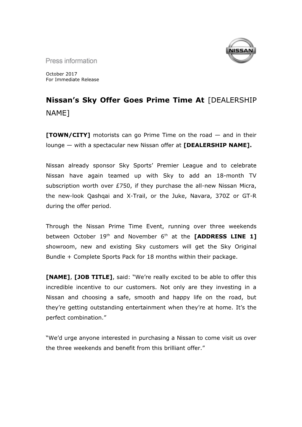 Nissan S Sky Offer Goes Prime Time at DEALERSHIP NAME