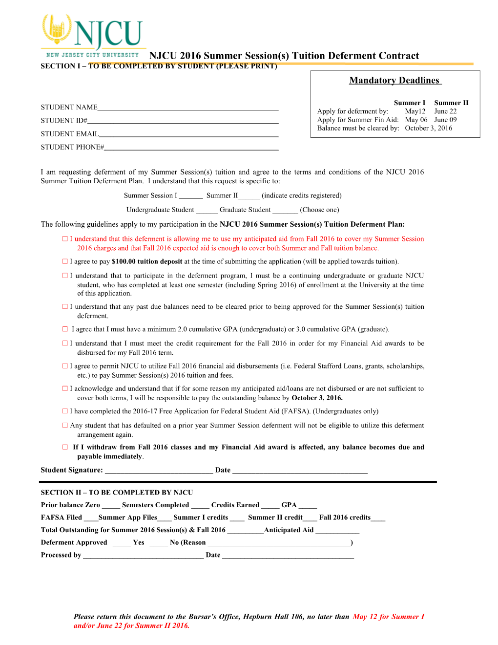 NJCU 2016Summer Session(S) Tuition Deferment Contract