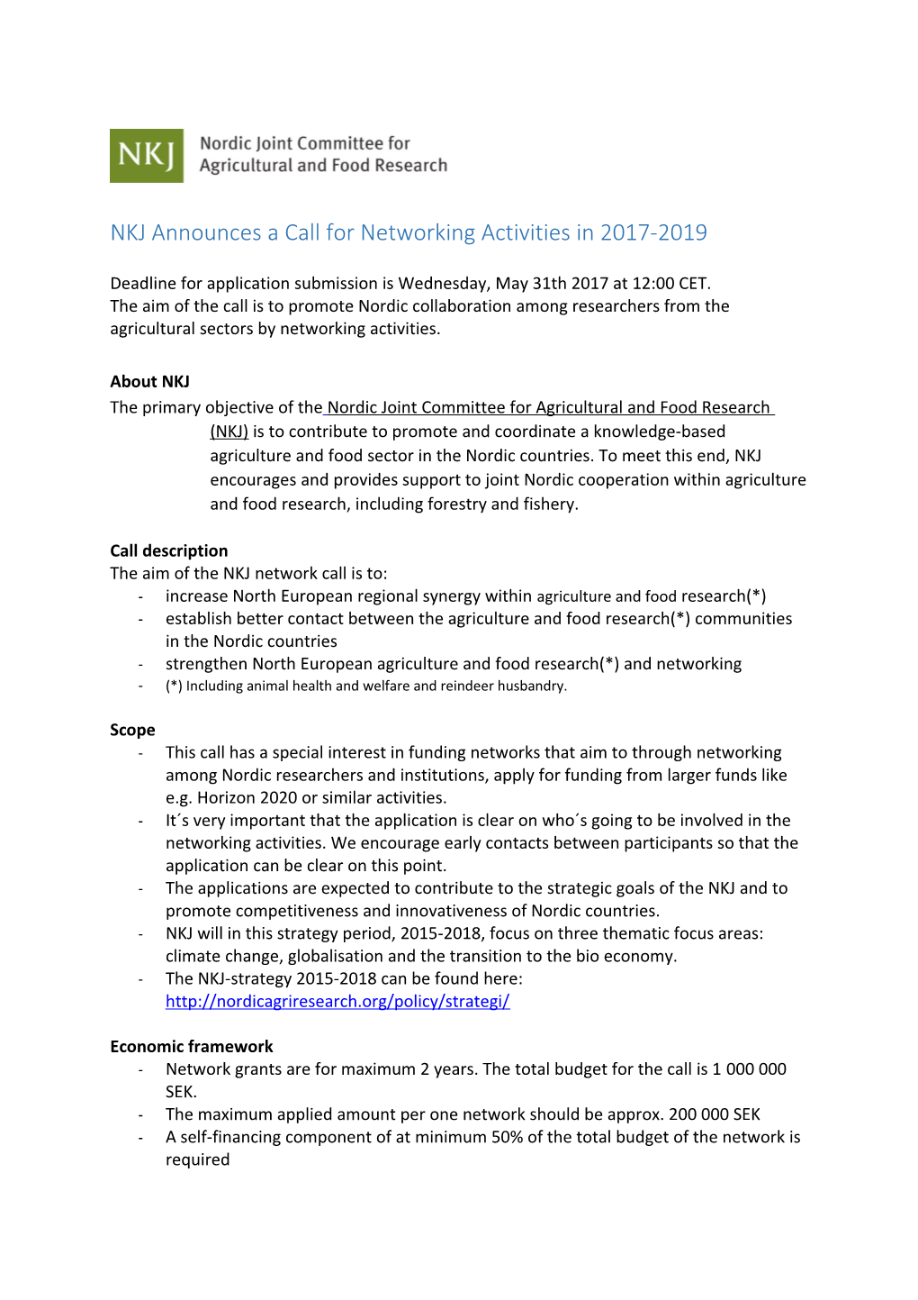 NKJ Announces a Call for Networking Activities in 2017-2019