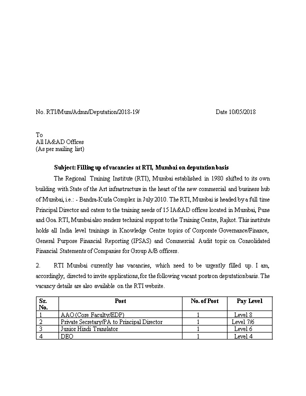 No. RTI/Mum/Admn/Deputation/2018-19/Date 10/05/2018