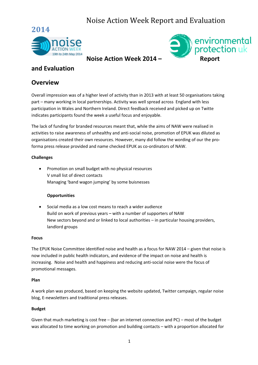 Noise Action Week Report and Evaluation
