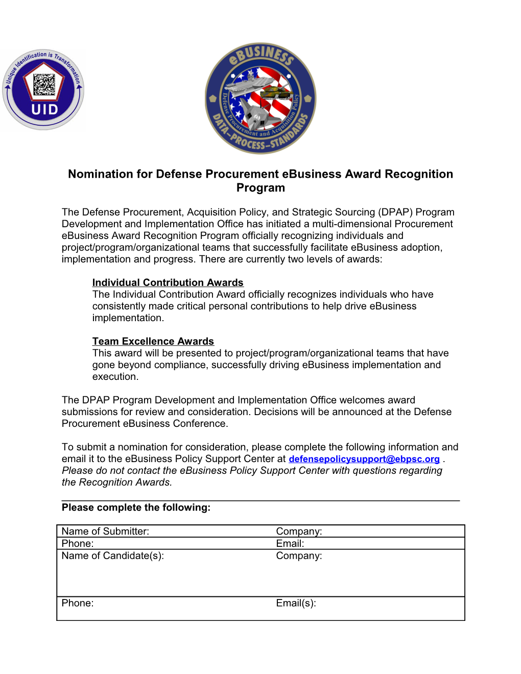 Nomination for Defense Procurement Ebusiness Award Recognition Program