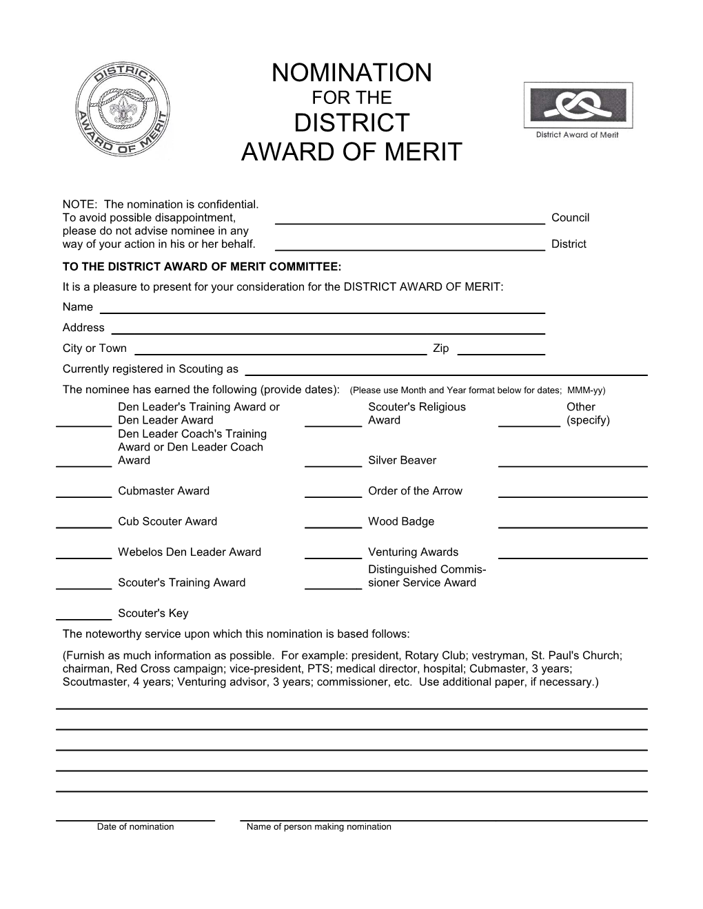 Nomination for the District Award of Merit