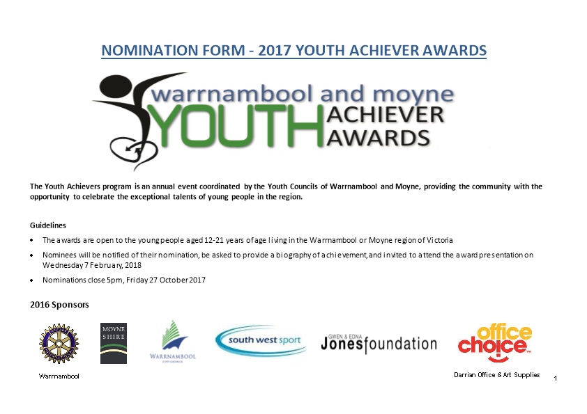 Nomination Form - 2017 Youth Achiever Awards