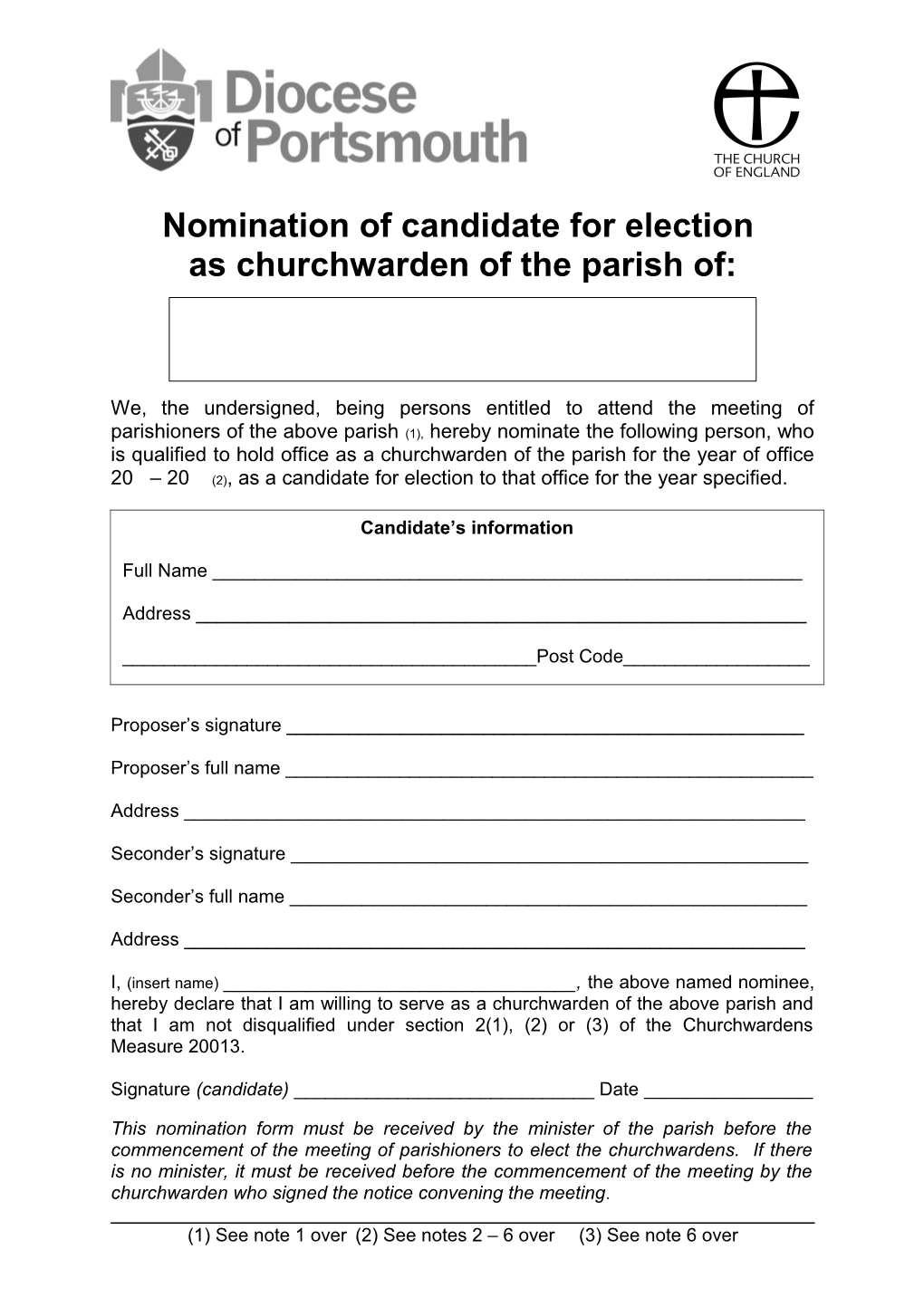 Nomination of Candidate for Election As Churchwarden of the Parish Of