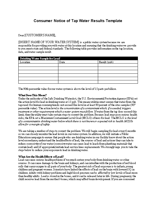 Non-Transient Non-Community Water System Notification Template - Above Action Level