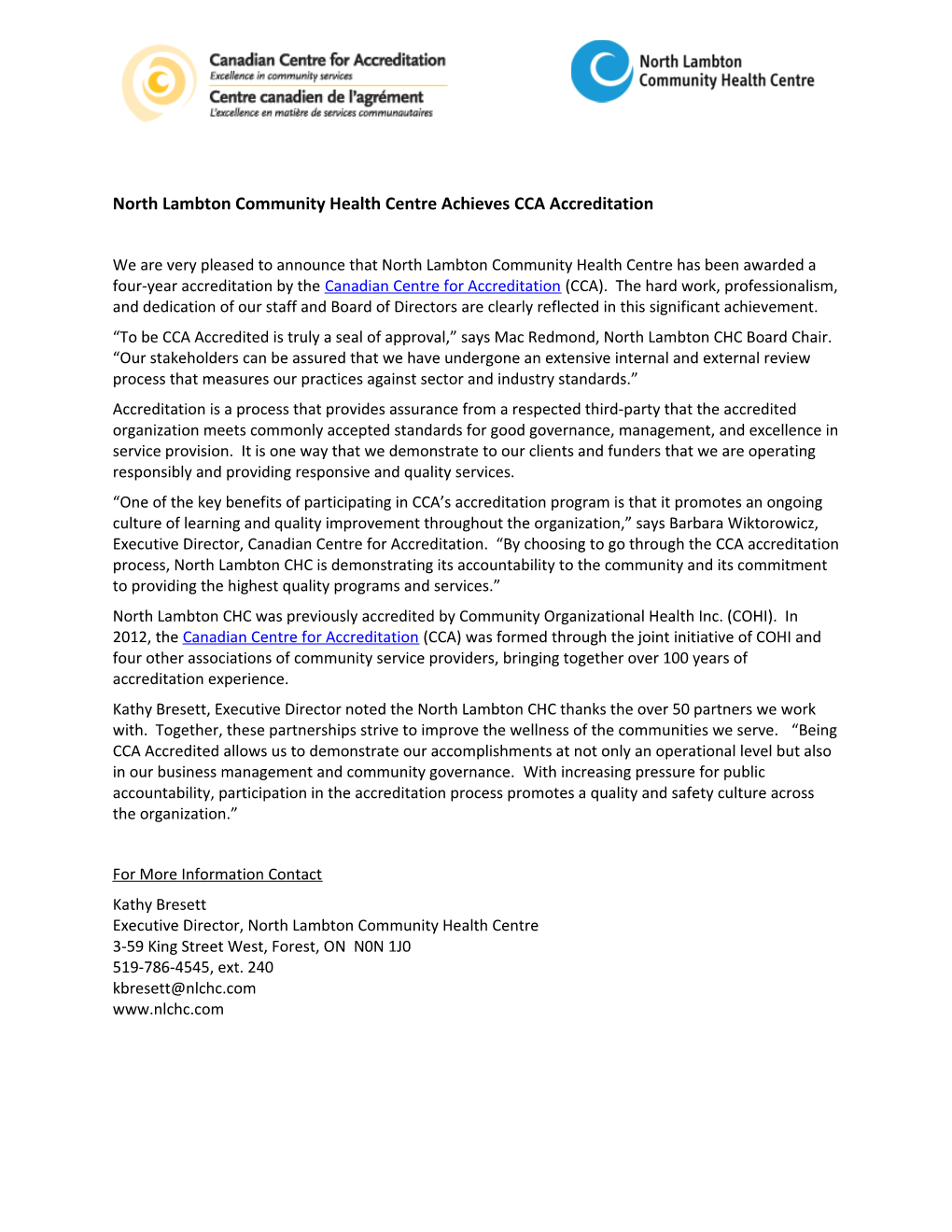 North Lambton Community Health Centre Achieves CCA Accreditation
