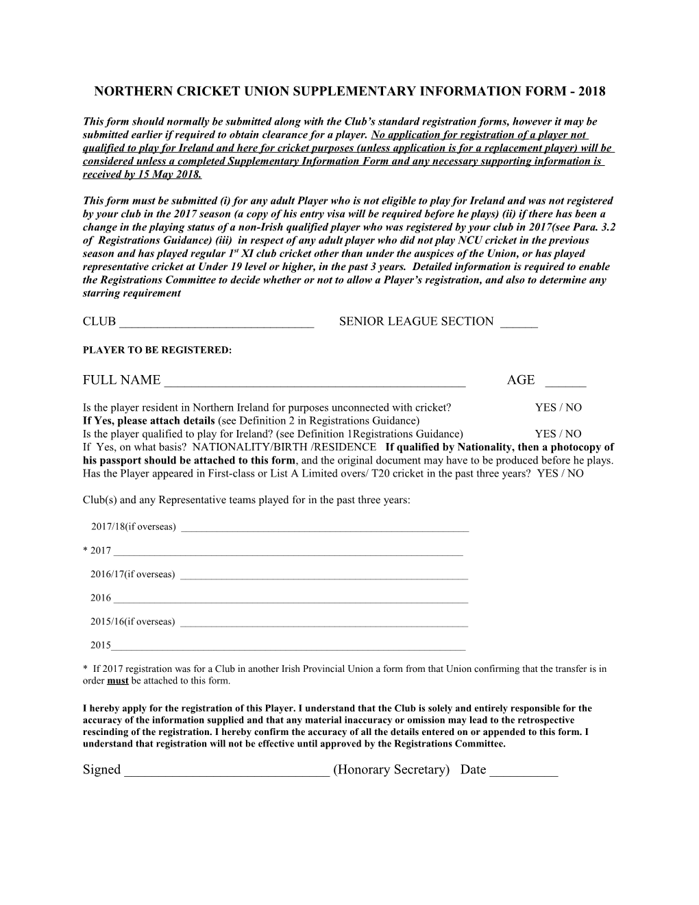 Northern Cricket Unionsupplementary Information Form - 2018