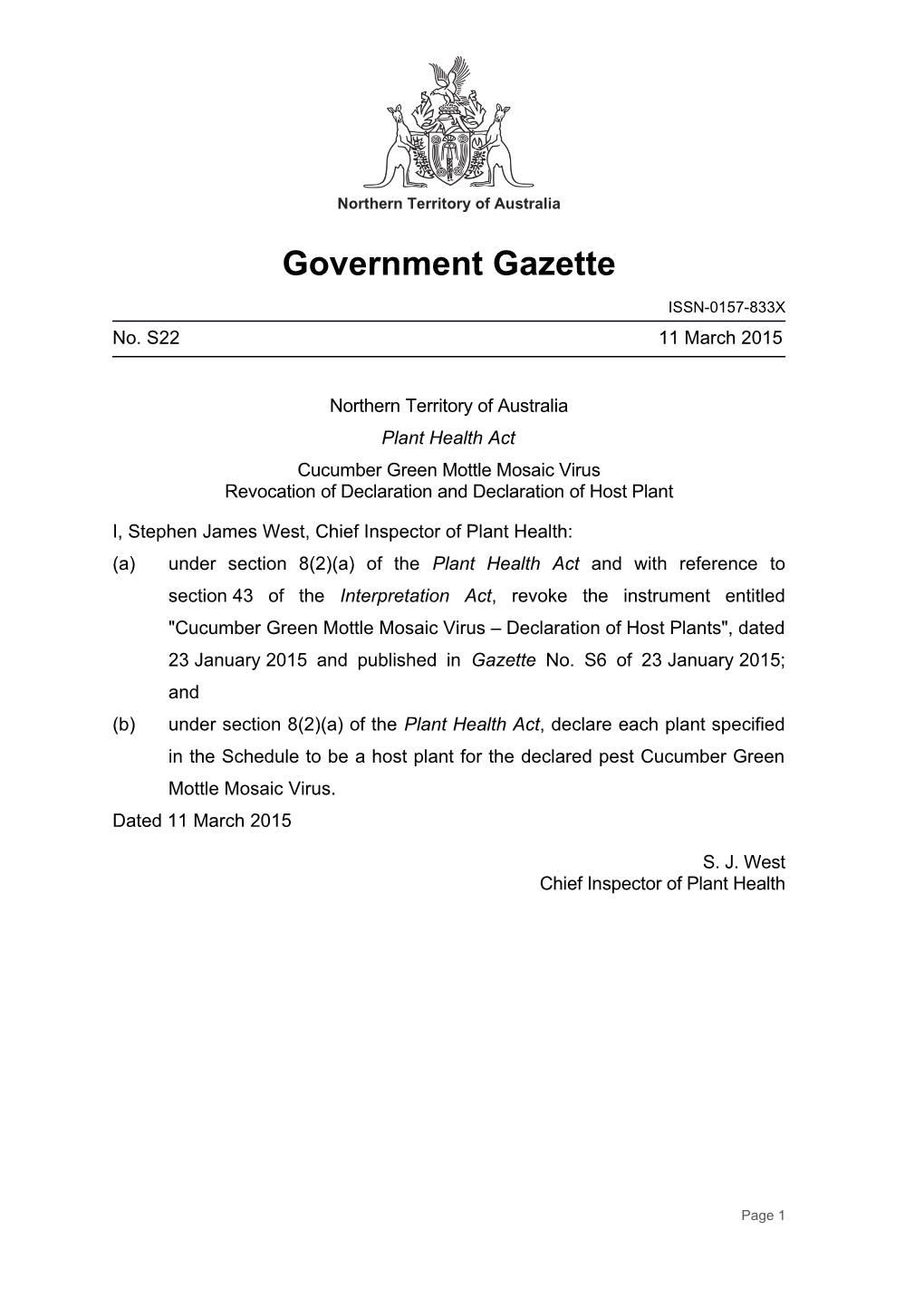 Northern Territory Government Gazette No. S22, 11 March2015