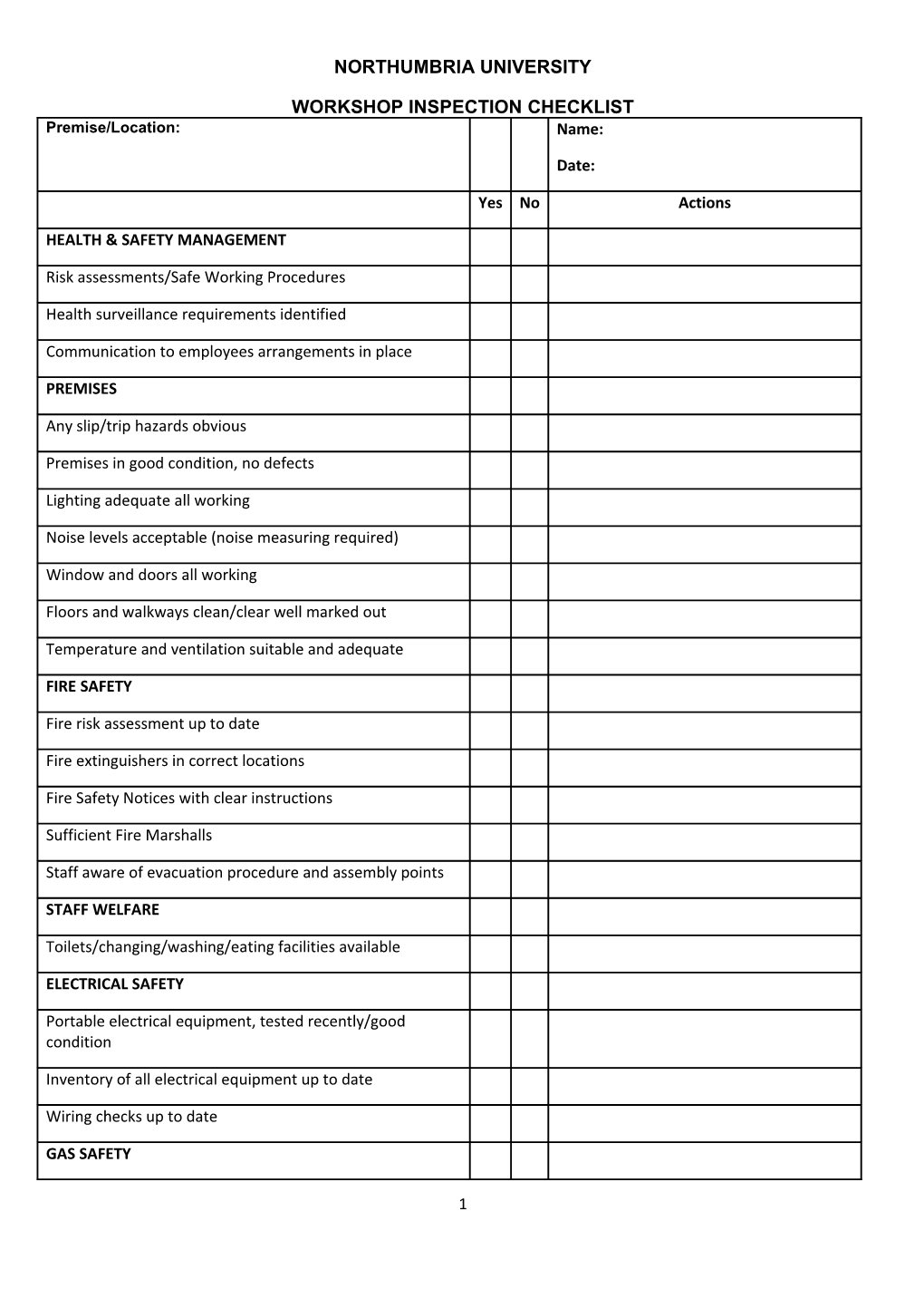 Northumbria University Workshop Inspection Checklist