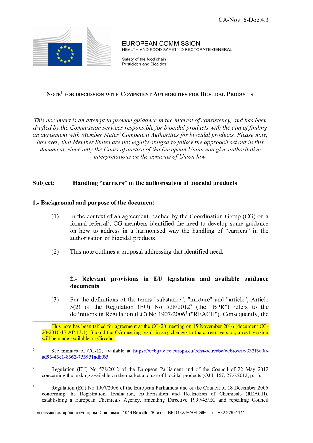 Note 1 for Discussion with Competent Authorities for Biocidal Products